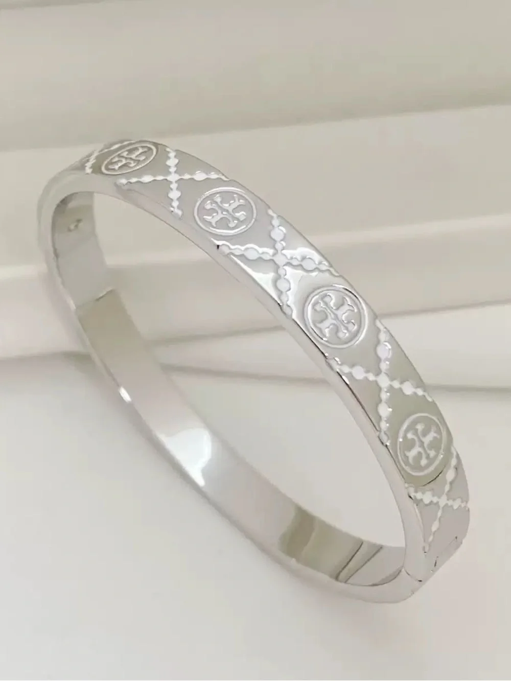 Tory Burch Silver White Line Monogram Logo  Bangle
